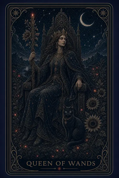 The Queen of Wands tarot card from the Night Glass deck — a crowned woman enthroned with a flowering staff, a golden sunflower at her side, a black cat seated alert at the foot of the throne.