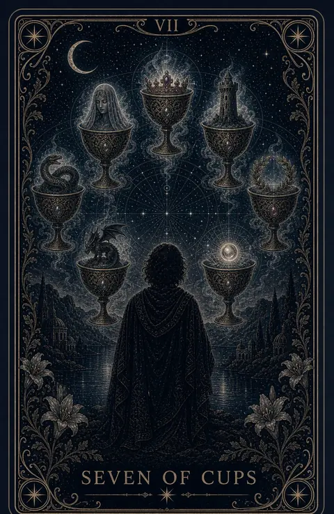 The Seven of Cups tarot card from the Night Glass deck — a cloaked figure seen from behind facing seven cups floating in the night sky, each smoking like a censer and holding a vision: a veiled face, a crown, a tower, a serpent, a dragon, a laurel wreath, a glowing orb.