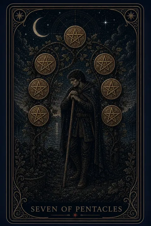 The Seven of Pentacles tarot card from the Night Glass deck — a man leaning on his staff, chin on his hands, studying a living arbor where seven pentacles grow among the vines, an empty basket waiting at his feet.