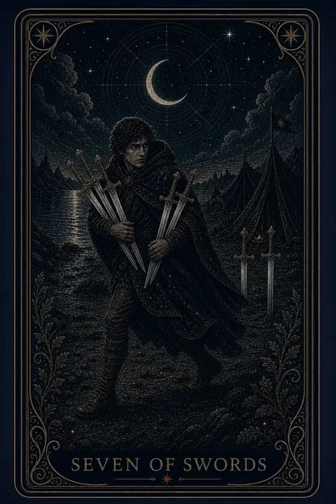 The Seven of Swords tarot card from the Night Glass deck — a cloaked man carrying five swords bundled in his arms, glancing back as he slips away from a dark camp of tents, two swords left standing in the ground.