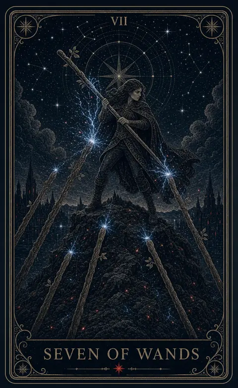 The Seven of Wands tarot card from the Night Glass deck — a lone figure on high ground, staff braced crosswise, six staves rising toward him from the dark below.