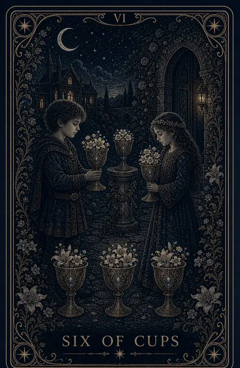 The Six of Cups tarot card from the Night Glass deck — two children exchanging cups filled with flowers in a walled garden at night, a lantern-lit archway and manor behind them, six blossoming cups in all.