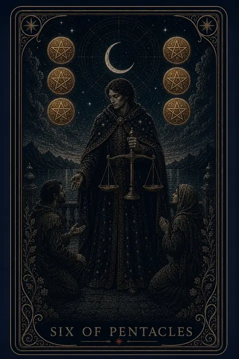 The Six of Pentacles tarot card from the Night Glass deck — a cloaked man holding balance scales upright in one hand, his other palm open toward two kneeling figures, six pentacles arranged above in two columns.