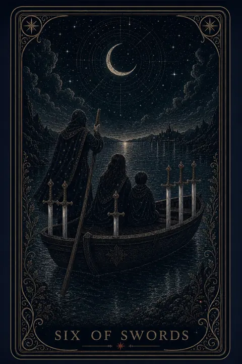 The Six of Swords tarot card from the Night Glass deck — a ferryman poling a boat carrying a woman and child across calm water toward a distant lit city, six swords standing upright in the hull.