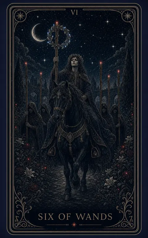The Six of Wands tarot card from the Night Glass deck — a laureled rider on a pale horse moving through a crowd of raised staves, one wreathed staff held high.