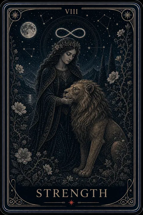 The Strength tarot card from the Night Glass deck — a garlanded woman beneath an infinity halo, her hand resting gently at the mouth of a golden-maned lion in a moonlit garden.