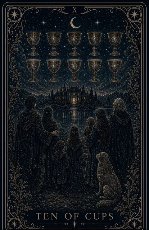 The Ten of Cups tarot card from the Night Glass deck — a family of several generations seen from behind with their dog, gazing across a lake at a lit manor house, ten cups arced in the starry sky above them.