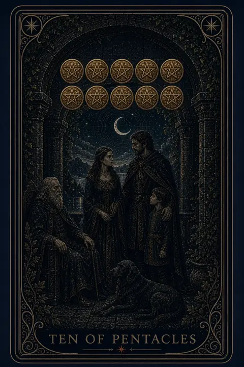 The Ten of Pentacles tarot card from the Night Glass deck — three generations gathered beneath an ivied stone archway, a white-bearded elder seated with his cane, a couple and child standing, a great dog lying at the center, ten pentacles set across the arch above.