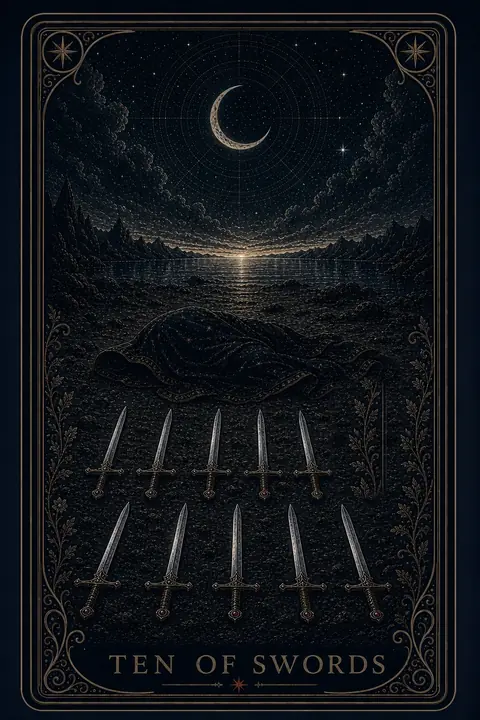 The Ten of Swords tarot card from the Night Glass deck — a figure at rest beneath an embroidered shroud on dark ground, ten swords planted upright in the earth before it, dawn breaking gold across the water on the horizon.