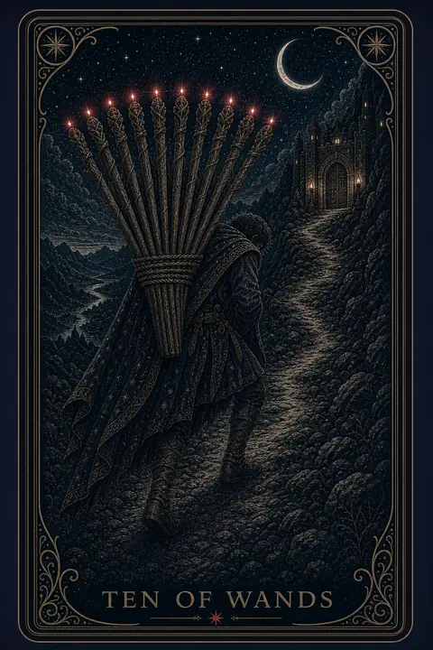 The Ten of Wands tarot card from the Night Glass deck — a bent figure carrying all ten staves bundled against his chest, the lights of a town visible ahead in the dark.
