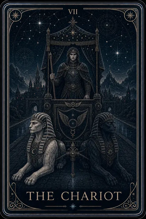 The Chariot tarot card from the Night Glass deck — a crowned charioteer standing beneath a star-sewn canopy in a black glass chariot, two sphinxes at rest facing opposite directions.