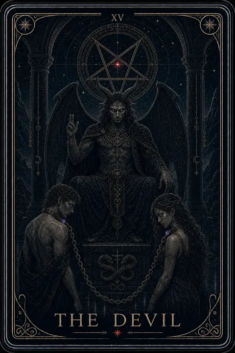 The Devil tarot card from the Night Glass deck — a horned figure enthroned beneath a glowing inverted pentagram, two chained figures bowed before the pedestal.
