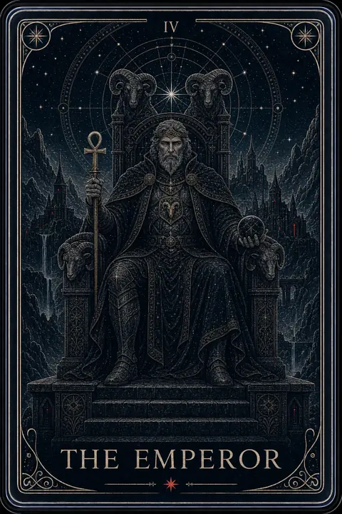 The Emperor tarot card from the Night Glass deck — a stern crowned figure on a black stone throne carved with ram heads, holding an ankh scepter and a dark orb before severe mountains.