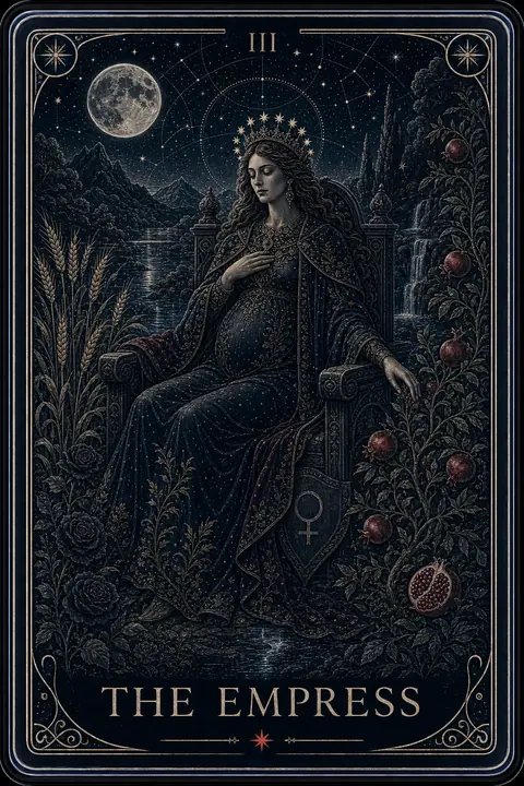 The Empress tarot card from the Night Glass deck — a crowned, expectant figure enthroned in a moonlit garden of wheat and heavy pomegranate vines, a full moon above.