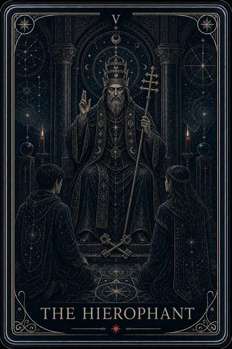 The Hierophant tarot card from the Night Glass deck — a triple-crowned figure raising a blessing between temple pillars, two seekers kneeling before crossed golden keys.