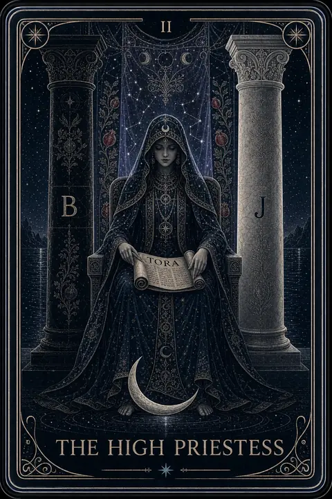 The High Priestess tarot card from the Night Glass deck — a veiled figure seated between a dark pillar and a silver pillar, a half-open scroll on her lap and a crescent moon at her feet.