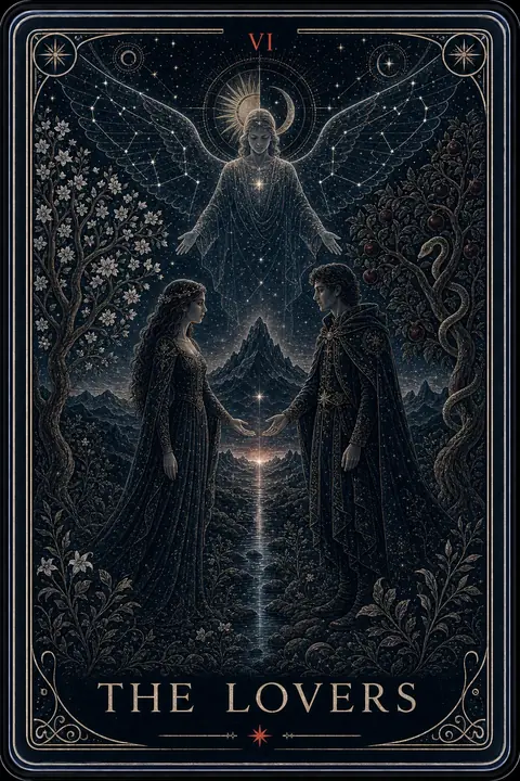 The Lovers tarot card from the Night Glass deck — two figures reaching toward a point of light between them beneath an angel with wings of constellations, a blossom tree on one side and a serpent's fruit tree on the other.
