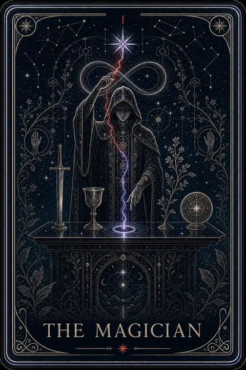 The Magician tarot card from the Night Glass deck — a hooded figure drawing a thread of lightning from a star down through his hands to an altar of arranged tools.