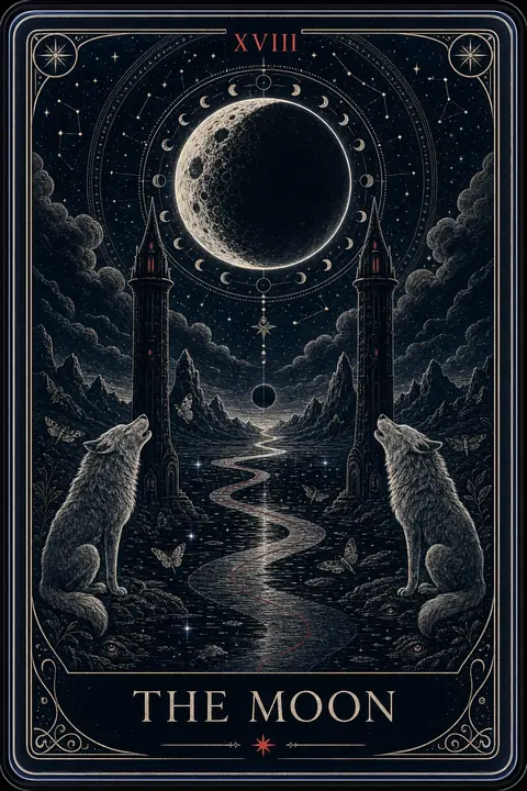 The Moon tarot card from the Night Glass deck — a darkened moon ringed by its phases above two towers, two white wolves, and a silver path threaded with red.