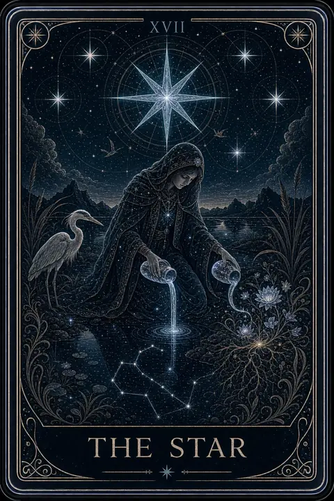 The Star tarot card from the Night Glass deck — a kneeling figure pouring from two glass vessels, one into a pool holding a constellation, one onto flowering ground, beneath a great eight-pointed star.