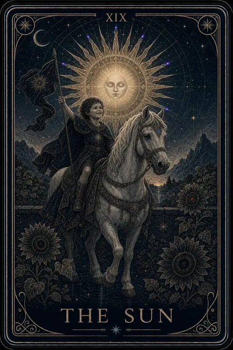 The Sun tarot card from the Night Glass deck — a radiant engraved sun with a serene face shining in a night sky above a laughing child on a pale horse, dark sunflowers turned toward them.