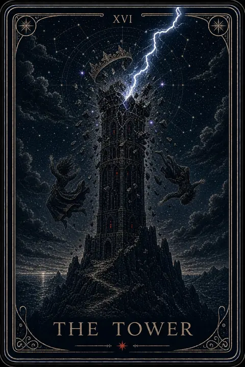 The Tower tarot card from the Night Glass deck — a black glass tower split by lightning, a crown and two figures falling through the night.