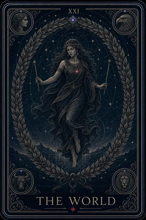 The World tarot card from the Night Glass deck — a dancer suspended inside an oval laurel wreath, a crimson star at her heart, four winged emblems watching from the corners.