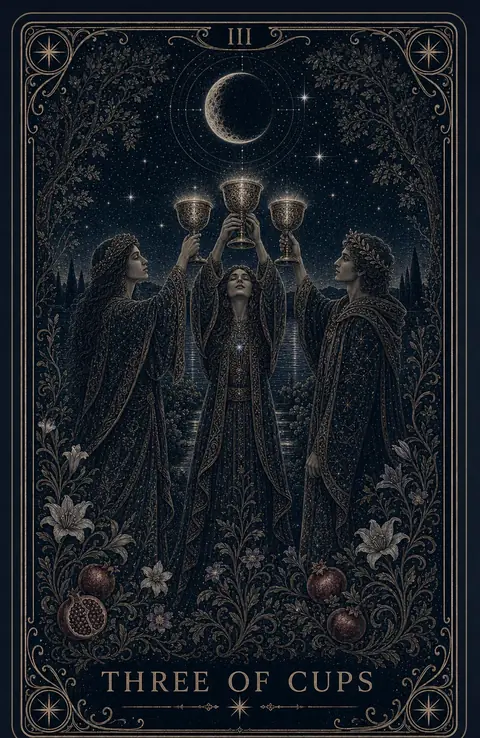 The Three of Cups tarot card from the Night Glass deck — three robed figures raising three glowing cups high together beneath a crescent moon, pomegranates and lilies at their feet, water shining behind them.