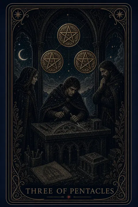 The Three of Pentacles tarot card from the Night Glass deck — a young stonemason carving at a worktable in a Gothic hall while two robed figures watch and confer, plans spread at their feet, three pentacles arched above.