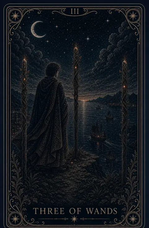 The Three of Wands tarot card from the Night Glass deck — a robed figure seen from behind on a dark overlook, three planted staves around him, watching distant lights cross deep water.