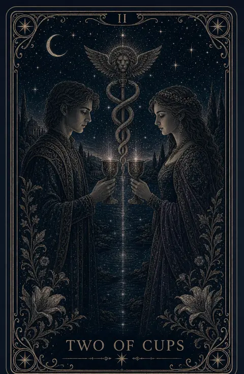The Two of Cups tarot card from the Night Glass deck — a man and a woman face each other holding two glowing cups level, a winged lion above twin serpents entwined on a staff between them, a column of starlight running down into water.