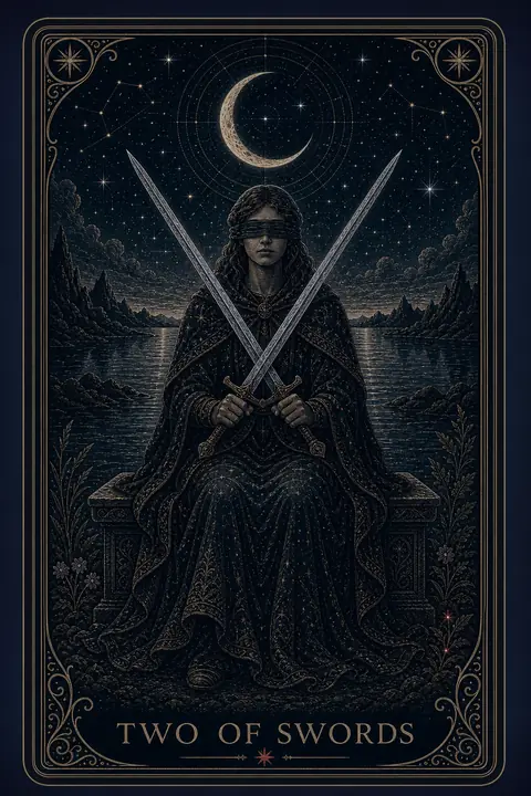 The Two of Swords tarot card from the Night Glass deck — a blindfolded woman seated on a stone bench, two swords crossed over her chest, calm water and a crescent moon behind her.