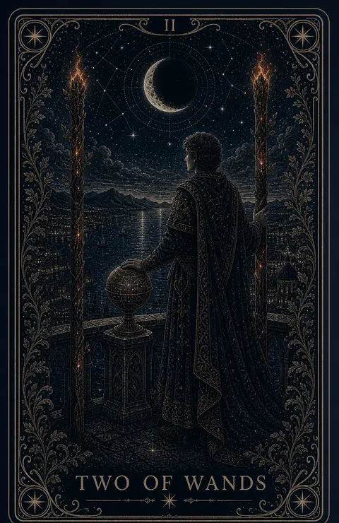 The Two of Wands tarot card from the Night Glass deck — a cloaked figure on a high parapet holding a small glowing globe, one staff in hand and one mounted behind, the dark world spread below.