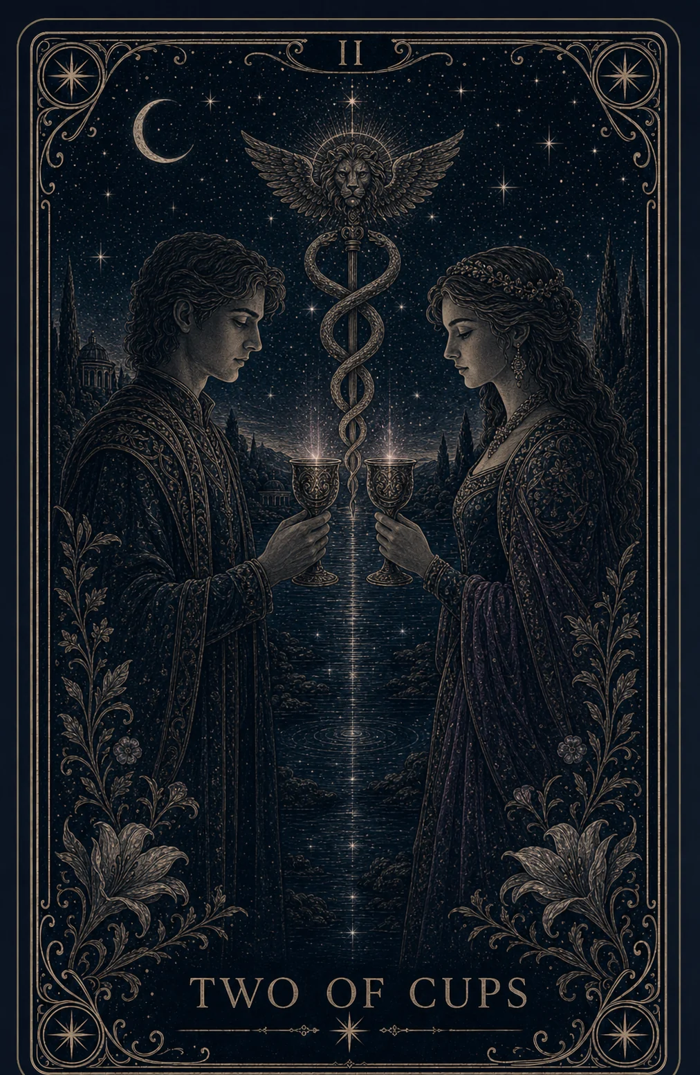 The Two of Cups tarot card from the Night Glass deck — a man and a woman face each other holding two glowing cups level, a winged lion above twin serpents entwined on a staff between them, a column of starlight running down into water.