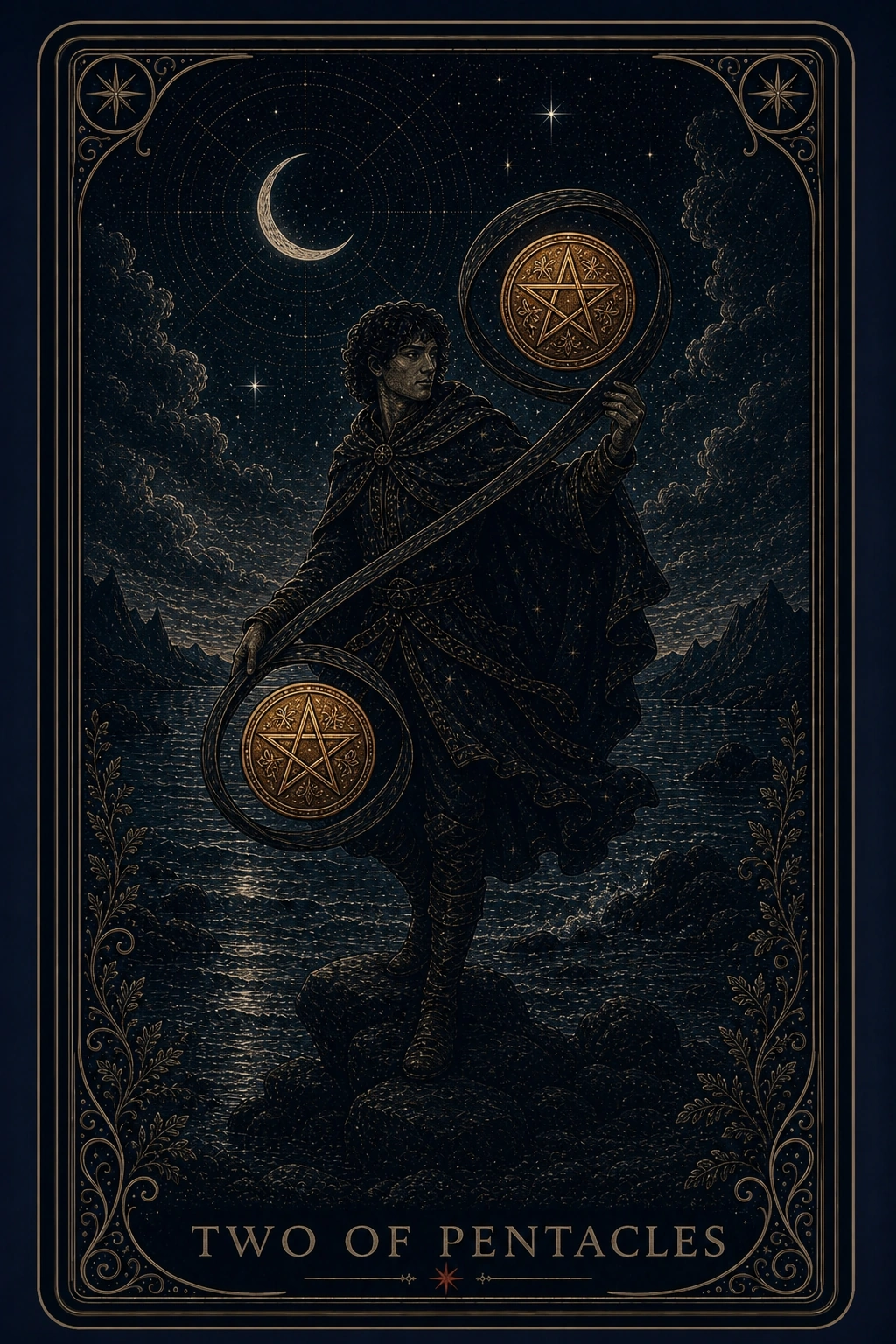 The Two of Pentacles tarot card from the Night Glass deck — a figure balanced on rocks at the sea's edge, two coins held in a single looping band that curves between his hands, rough water behind him.