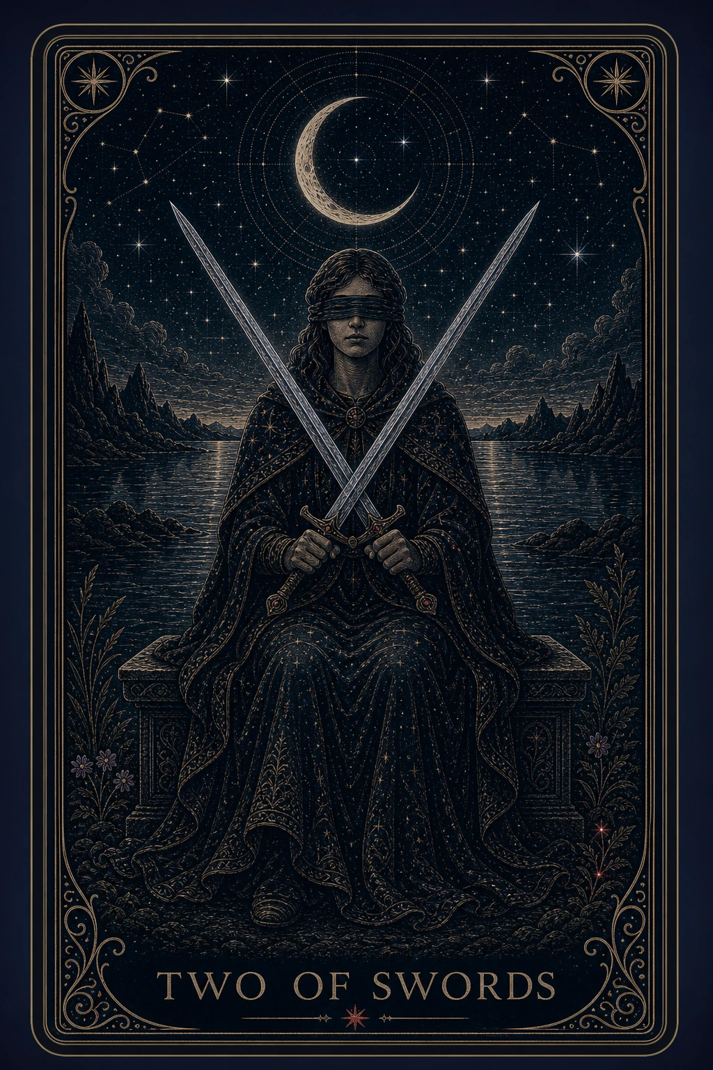 The Two of Swords tarot card from the Night Glass deck — a blindfolded woman seated on a stone bench, two swords crossed over her chest, calm water and a crescent moon behind her.