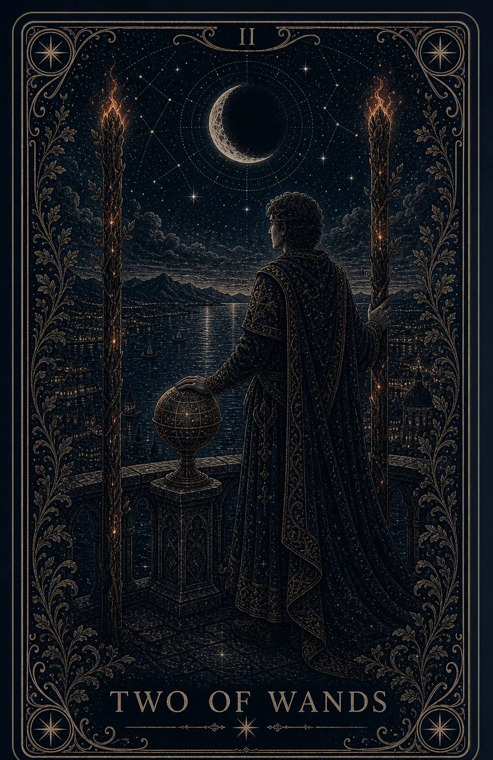 The Two of Wands tarot card from the Night Glass deck — a cloaked figure on a high parapet holding a small glowing globe, one staff in hand and one mounted behind, the dark world spread below.