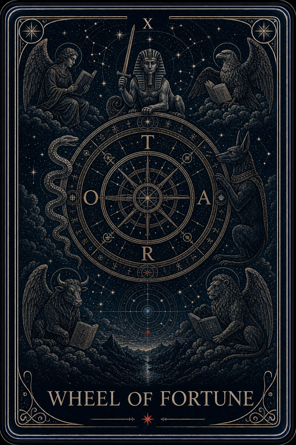 The Wheel of Fortune tarot card from the Night Glass deck — a great eight-spoked wheel of black glass with a burning star at its hub, a serpent descending one side and a jackal-headed guardian rising the other, four winged figures reading in the corners.
